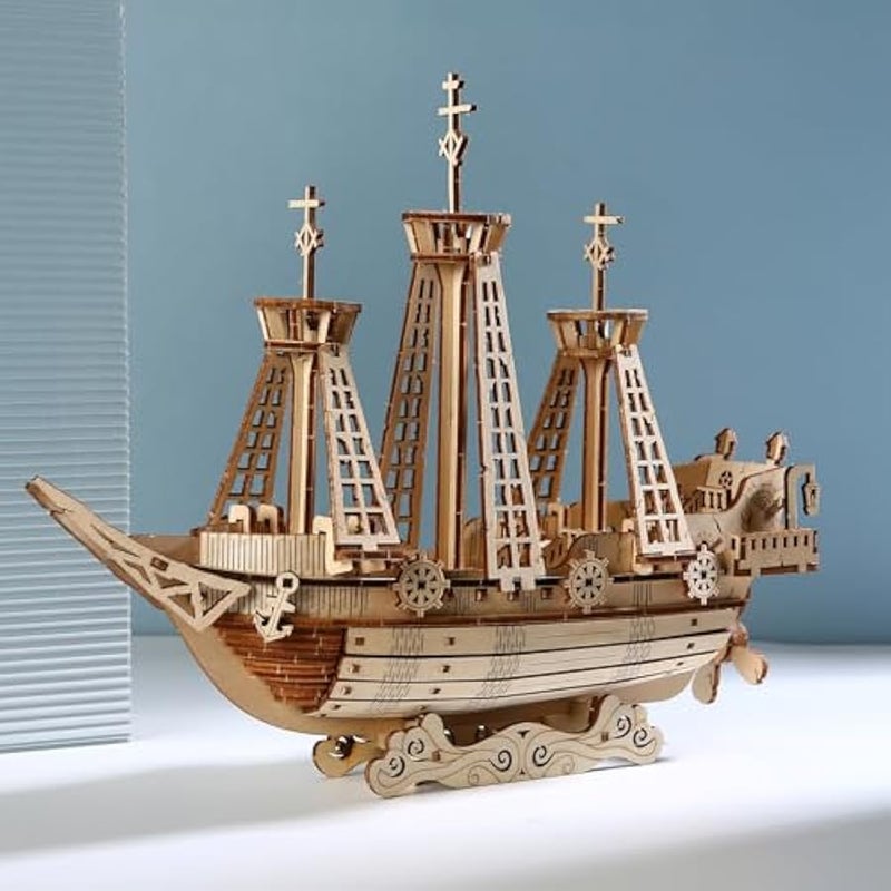 3D Wooden Puzzle for Adults, 3D Puzzle Model Pirate Ship Mechanical Model Kit Sailing Ship Building, Vintage Boat Series Construction Craft Set, DIY Home Decorations Gifts 180 Pieces - Image 3